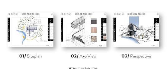 Architecture development through 3 drawings - site plan, axonometry, and perspective