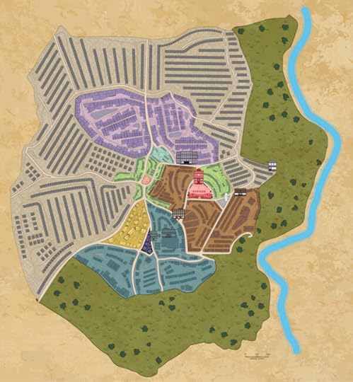 A map of Trellech, the main magical city of Albion. The centre of the city has high status housing near the centre at the north, crafting buildings to the east, the Ministry quarter to the south, and Club row to the southwest. The north and west sides are surrounded by residential buildings, while the east and south are fields and farmland.