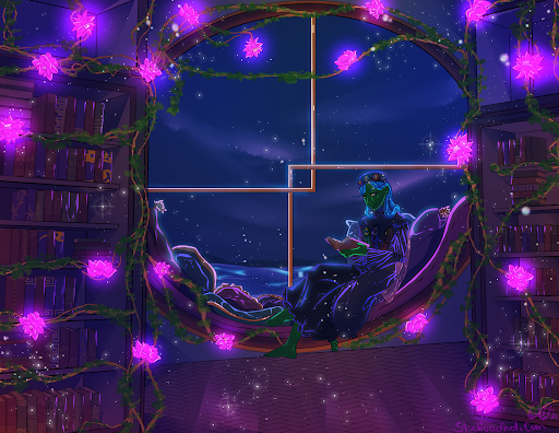 A dragonfly-person sitting near a circular window in a library, reading. The scene is dark, but pink lotuses on vines growing across the bookshelves provide light.