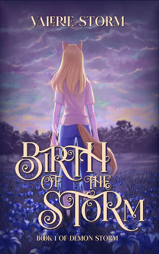The cover of Birth of the Storm shows a woman with a fox tail staring at a cloudy horizon