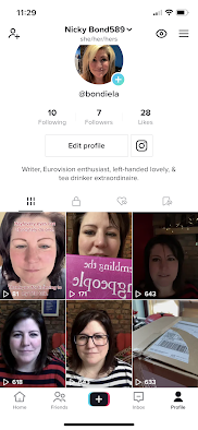 A screen shot of the homepage of Nicky Bond589's TikTok account. It includes six videos, and shows she has 7 followers and is following 10 accounts.