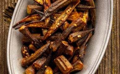 Roasted okra on a platter.