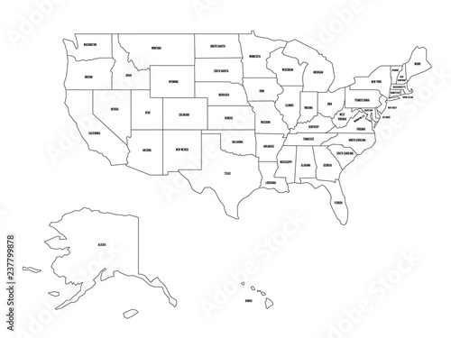 political map of united states od america usa simple flat black
