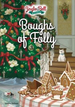 Cover art for Boughs of Folly. Christmas tree, gingerbread village, cat.