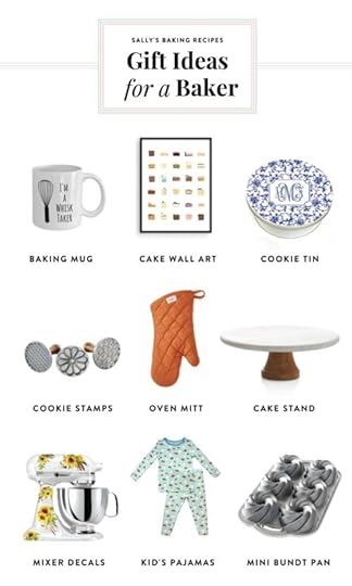 graphic displaying gift ideas for a baker including a cookie tin, cake wall art, cake stand, oven mitt, and more.