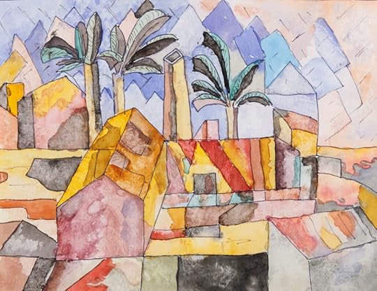 Cubist, colorful sketch of houses and palm trees with mountains in the distance