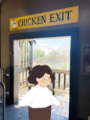 A cartoon white woman with dark hair in a brown skirt and white shirt stands in a photograph of a non-cartoon doorway with a rollercoaster in the background. Above the doorway is a sign that says
