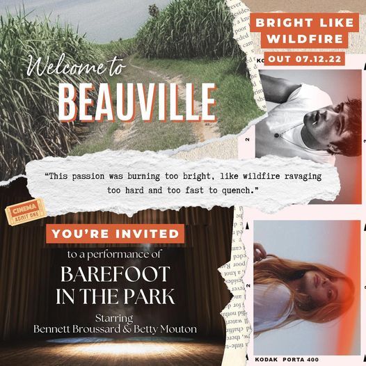 May be an image of 2 people and text that says 'ever esides kno BRIGHT LIKE poor WILDFIRE KO OUT 07.12.22 Welcometo BEAUVILLE 