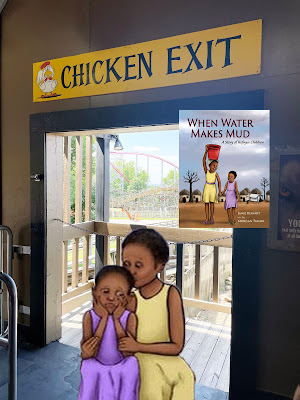 A cartoon of two young girls with dark skin. One wearing a purple dress, the other a yellow dress, sit in a photograph of a non-cartoon doorway with a rollercoaster in the background. Above the doorway is a sign that says