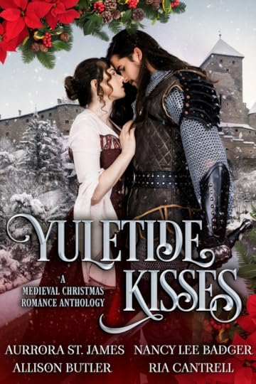 Yuletide Kisses book cover showing a dark haired knight wearing chain mail holding a woman in a dark red medieval gown. Snow falls on a castle in the background and poinsettia flowers decorate the upper left corner.