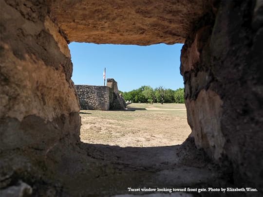 Turret window looking toward front gate. Enjoy a historical day trip to Presidio de San Saba in Menard, TX.