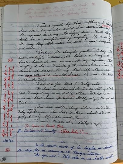 A typical page from my composition notebook, with writing, markup, marginal notes, etc.