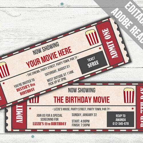 movie ticket template movie invitation event ticket etsy
