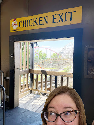 A white woman in glasses peeks in from the bottome with only her eyes and nose showing. She stands in a doorway with a rollercoaster in the background. Above the doorway is a sign that says