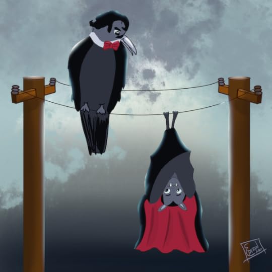 Cartoon raven and bat resembling Poe and Dracula.