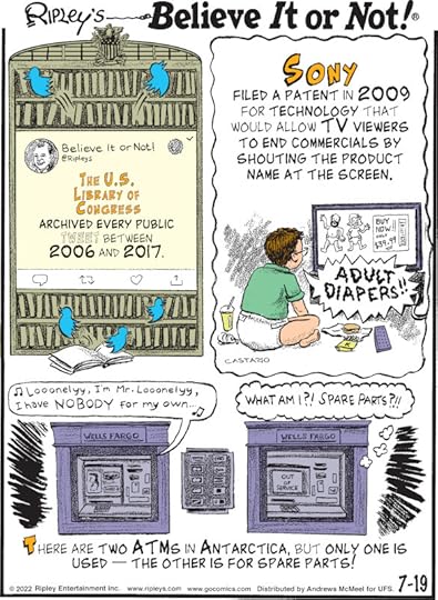 1. The U.S. Library of Congress archived every public tweet between 2006 and 2017. 2. Sony filed a patent in 2009 for technology that would allow TV viewers to end commercials by shouting the product name at the screen. 3. There are two ATMs in Antarctica, but only one is used - the other is for spare parts!