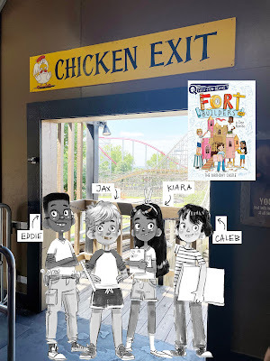 four illustrated children stand in front of a real doorway. In the background is a rollercoaster. Above the door is a sign that says 