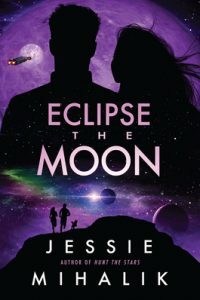 space scene in purple with black silhouettes of a couple with a planet and moons and a spaceship in the background