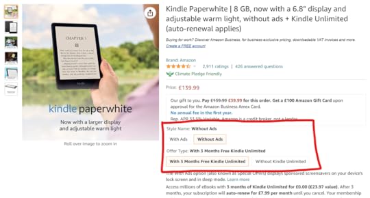 Screenshot of amazon.com showing the options to buy a Kindle.