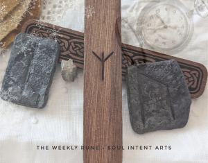 Elder Futhark runes Uruz and Eihwaz carved into wrought iron tiles, with Algiz carved into cedar, with a fossilized crinoid on a cream-colored background with a superimposed pocket watch and snowflakes