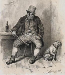 Engraving of thick-set man with top hat and stick, accompanied by dog.