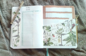 two page spread with reading tracker on one side and bookshelf image on the other