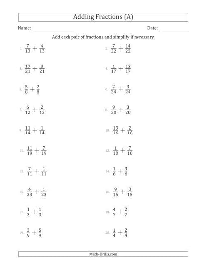 adding proper fractions with like denominators a fractions worksheet