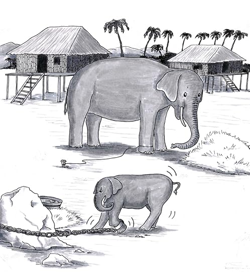 Cartoon showing a content adult elephant eating hay while tied to a small stick with a thing rope. In the foreground, a baby elephant is tied to a heavy rock with a big chain and it struggles to escape.