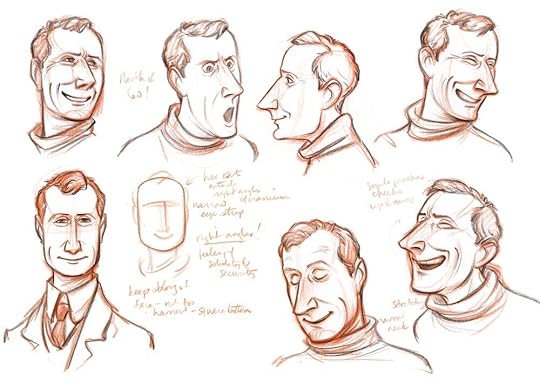 Drawn studies of Wilson's head in different angles and expressions