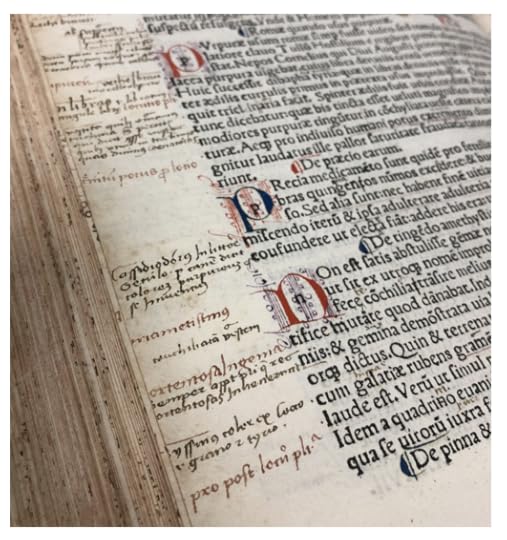 Pliny the Elder’s Naturalis Historia Book. You see the book open and a the words on the page with many notes written on the outer margin of the page.
