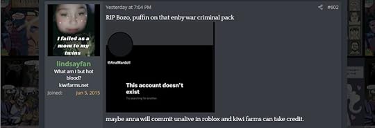 screenshot of a Kiwi Farms post by lindsayfan on July 31, 2021 that shows a screenshot of Ana Mardoll's deleted Twitter account. Text to follow.