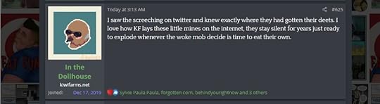 screenshot of a Kiwi Farms post by In the Dollhouse on August 1, 2021 Text to follow.