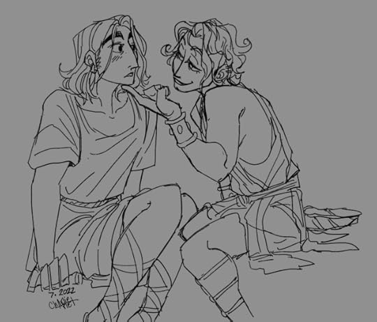 priam (he/him, right) flirts with Pyrrha (they/them, long hair)