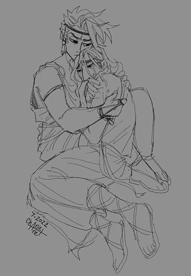 aris (he/him, headband) comforts Pyrrha (they/them, long hair, crying)