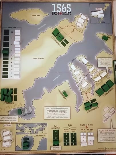Game board, three Hospitaller blocks are now in the inset Sicily box. Ottomans are at about half morale.
