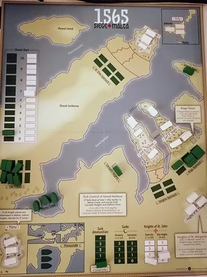 The three Ottoman wooden ships are in the Grand Harbour space, but there are no Ottoman blocks outside St Elmo or Senglea. Ottoman Morale is at 1 out of 10.