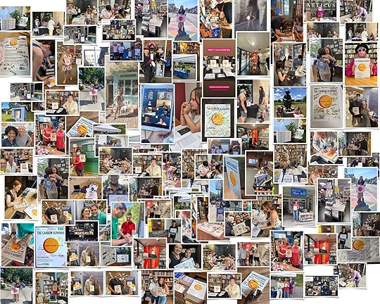 Montage of people signing The Carbon Almanc in 6 continents, setting the world record for most book signings