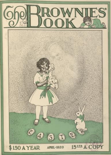 Sketching of a little Black girl in a white dress holding lilies, with a white rabbit looking up at her. The grass and title of the magazine are a delicate shade of green, matching the sash on the dress