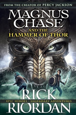 Magnus Chase and the Hammer of Thor by Rick Riordan book cover, featuring a character in a wolf or Jackal shaped armoured mask and a teen boy and girl with swords in the foreground.