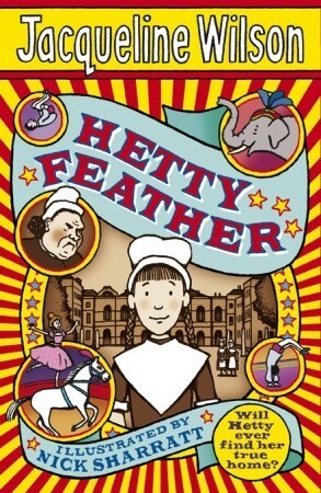 Hetty Feather by Jaqueline Wilson book cover, featuring an illustration of a Victorian girl and circus animals against a bright, stripy background. It says, 
