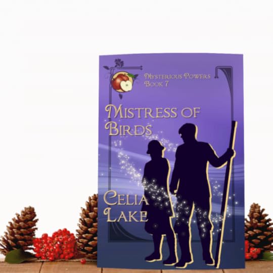 Cover of Mistress of Birds with pinecones and fall berries. The cover has a man and a woman in silhouette on a deep purple background, with an apple in the corner. The man holds a walking stick as tall as he is.