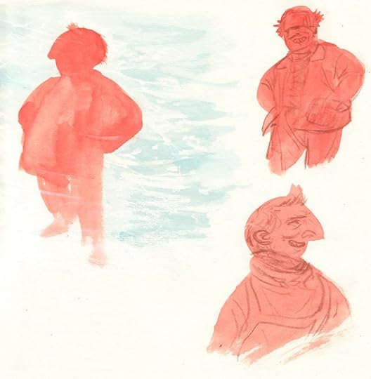 Shape-based studies of Birdie Bowers in orange paint with lined drawn overtop in brown.