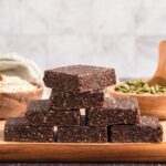 no pea protein squares cut and stacked on board