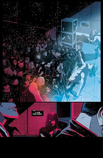 A comic page. The top panel is a punk rock concert in dark colors and light blue. The bottom panel is Vampirella in the shadows lit up with pink light, her thought bubble reads, “I love punk music.”