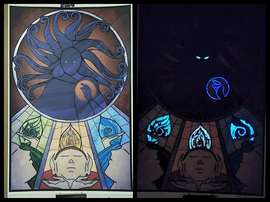 A side-by-side comparison of a hand-embellished print that glows in the dark. It features a stained glass-styled image of Sivoa characters.