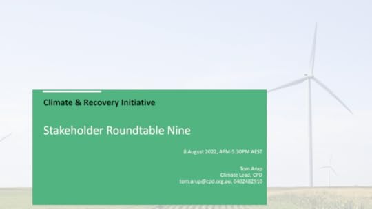 A slide shows a windfarm and reads 'climate & recovery initiative'