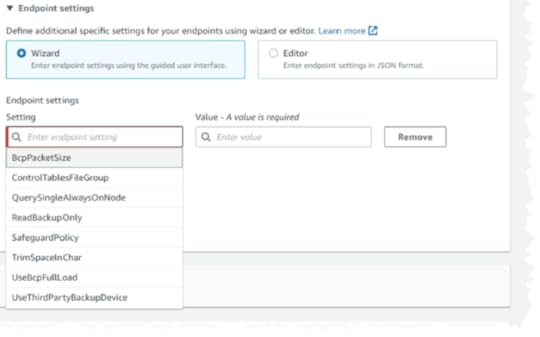 Figure 7. Endpoint settings section when creating a SQL Server endpoint