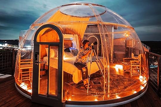 Clear globe camping at night at The Retreat on the Hill glamping hill country texas