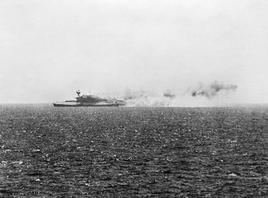 HMS Eagle listing in the Mediterranean Sea, 11 Aug 1942 (Imperial War Museum: A 11302)