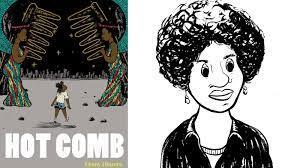 Book Cover: A young African American girl walking in between two statues of African American Women with black combs against a starry night sky. The ground is gray and goes into the horizon. A drawing of the author is next to the book cover. Black and White art of an African American woman with thick curly hair, earrings, necklace, and a dark top staring off to the side.